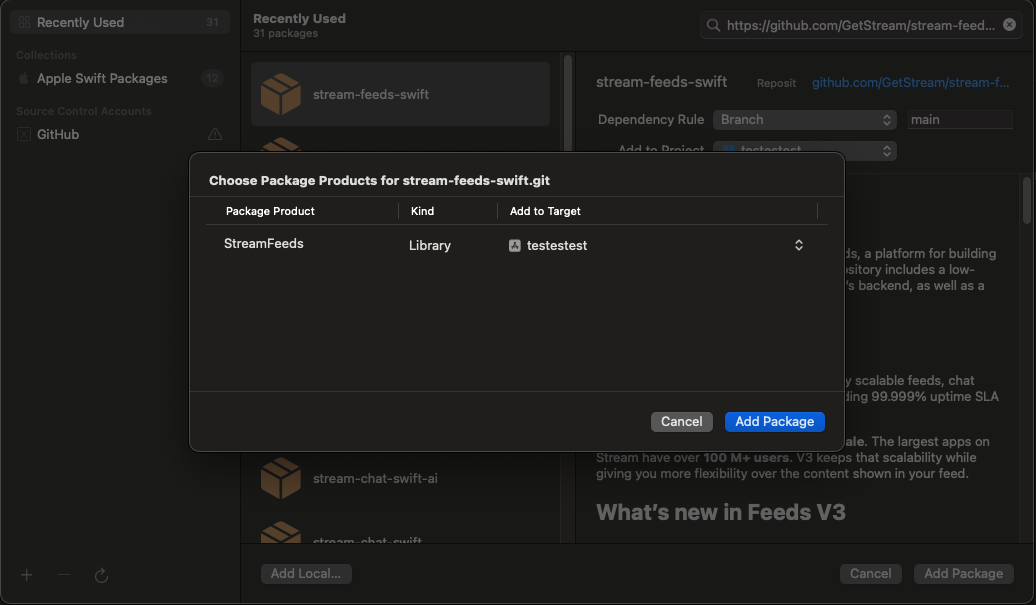 Screenshot shows selection of dependencies