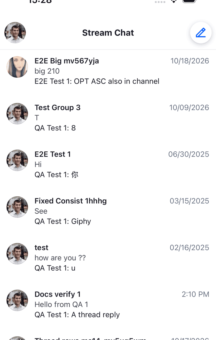 A list of threads with the channel name, the latest reply and its author on iOS
