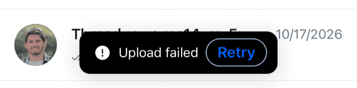 A black snackbar reading Upload failed with a Retry button on iOS