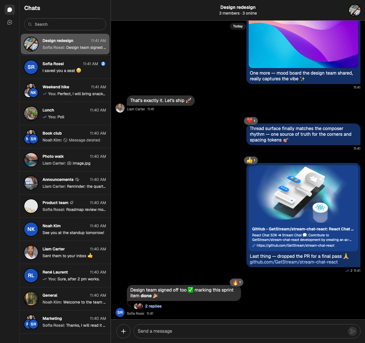 Stream Chat React UI in Dark Theme