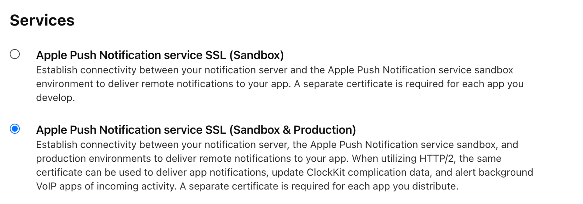 Selecting service for push notification certificate