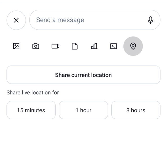 The attachment picker with a location tab offering to share the current location or a live location on Android
