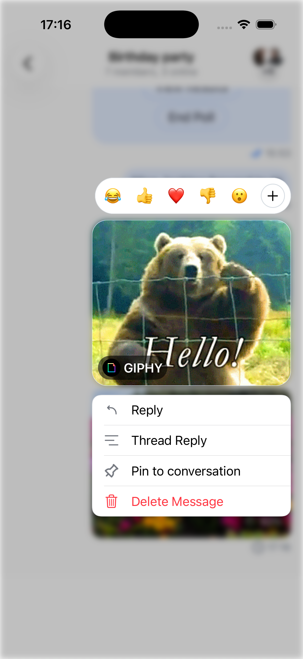 When the messagePopoverEnabled parameter is set to true a long-press on a message of any type opens this menu.