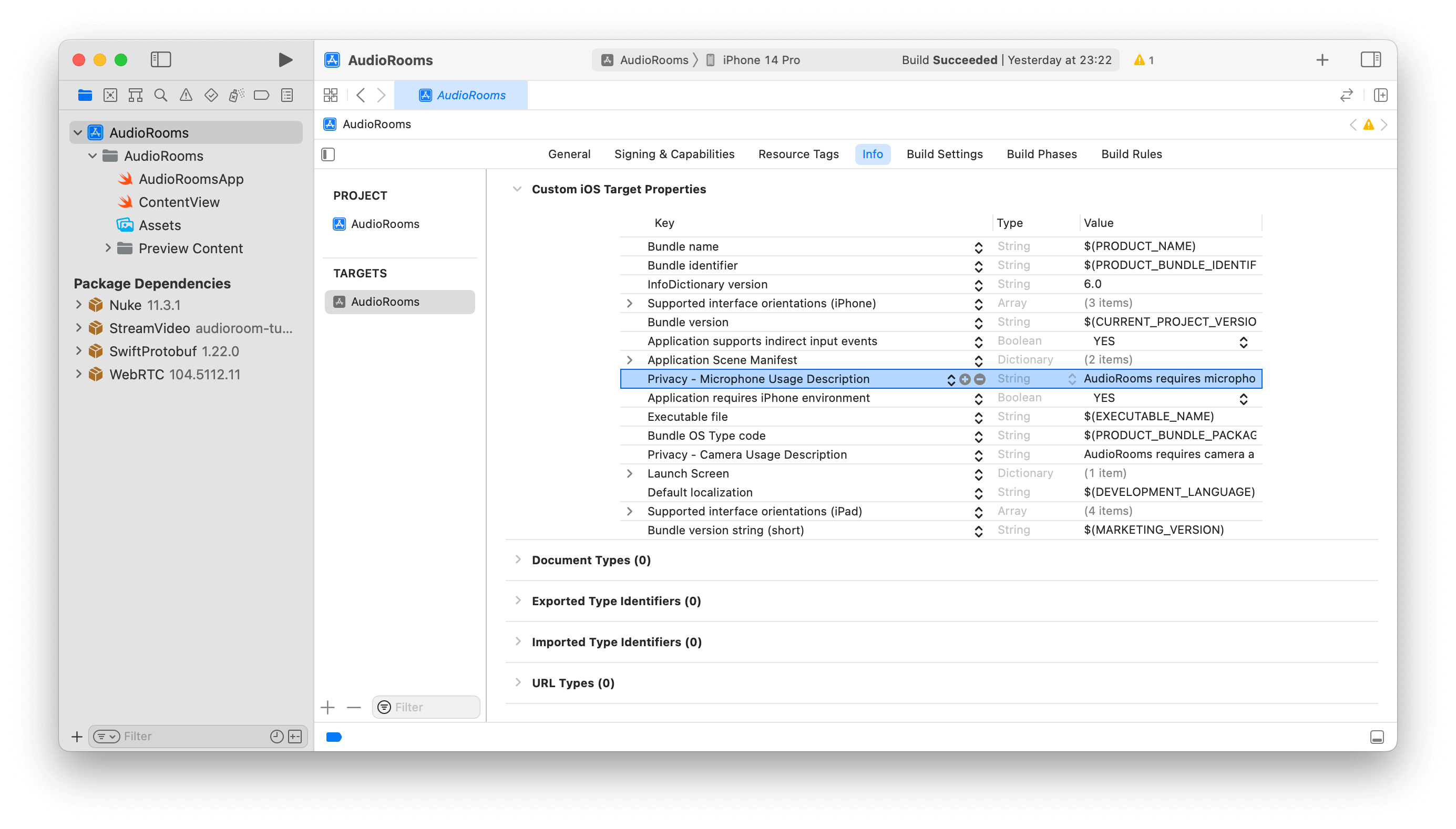 Screenshot shows permissions in the .plist file