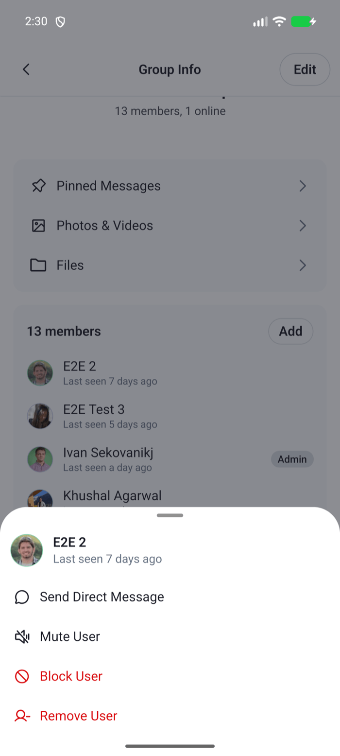 A member sheet with Send Direct Message above Mute User, Block User and Remove User on Android