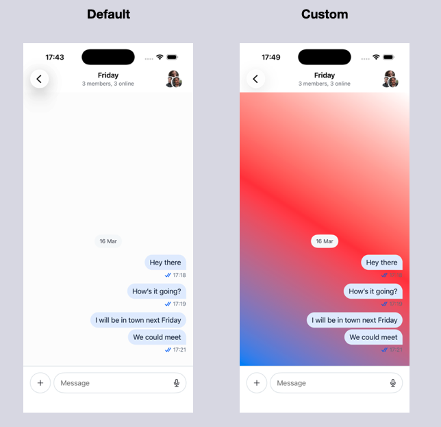 Comparison of the default Message List background compared to a custom implementation.