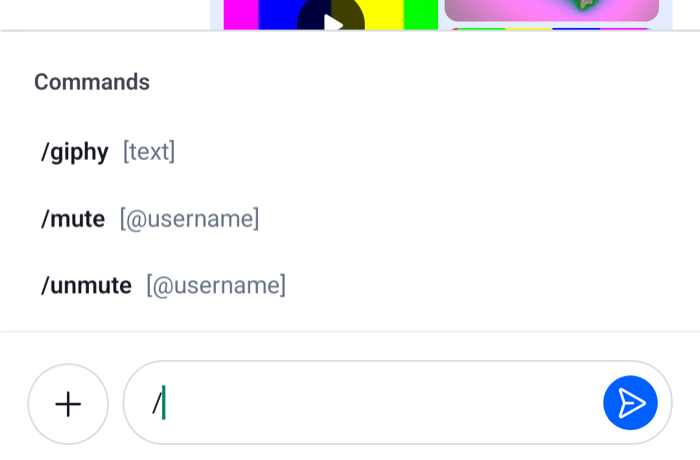 A suggestion list with the header Commands and one-line command rows on Android