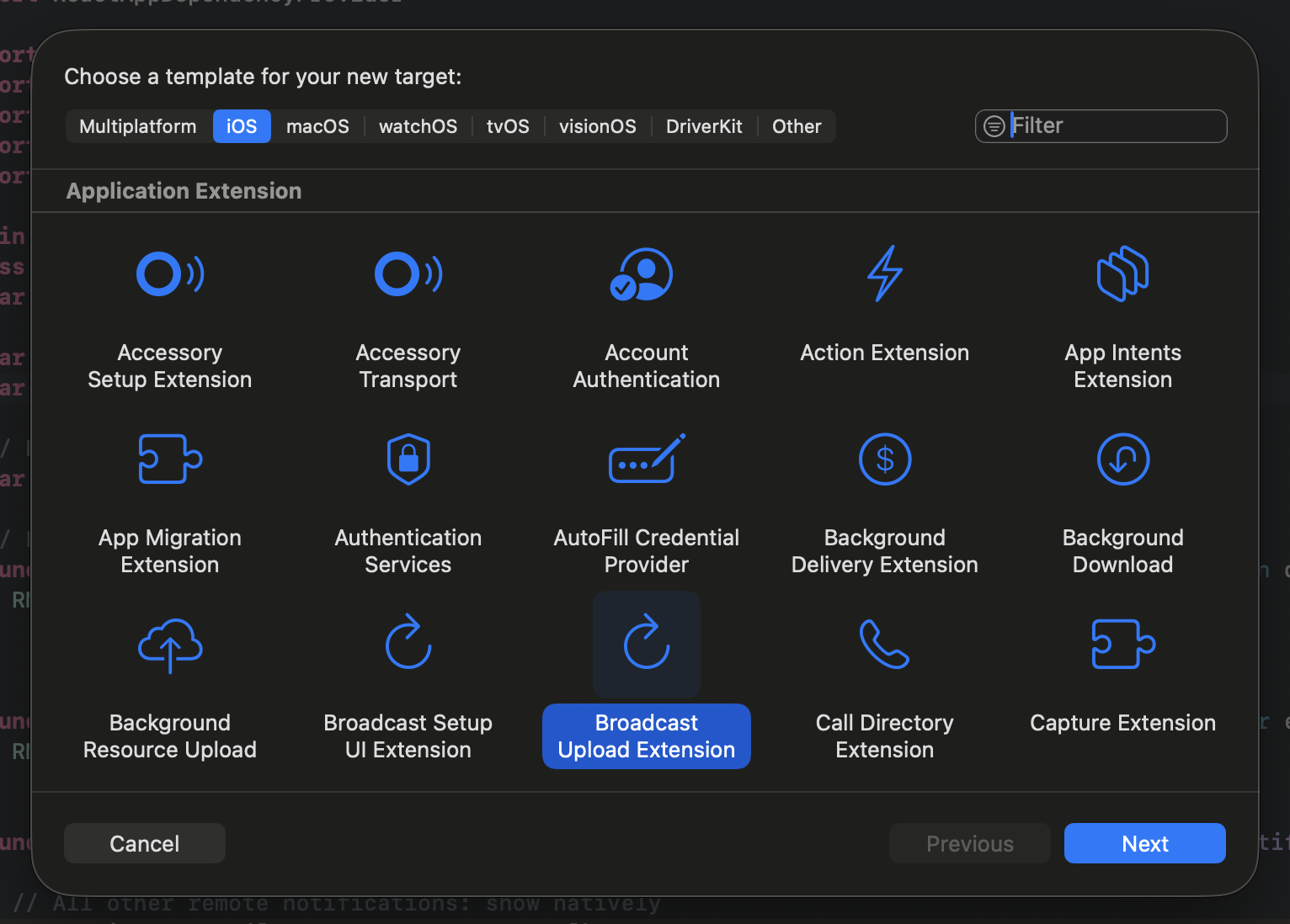 Preview of choosing broadcast upload extension target