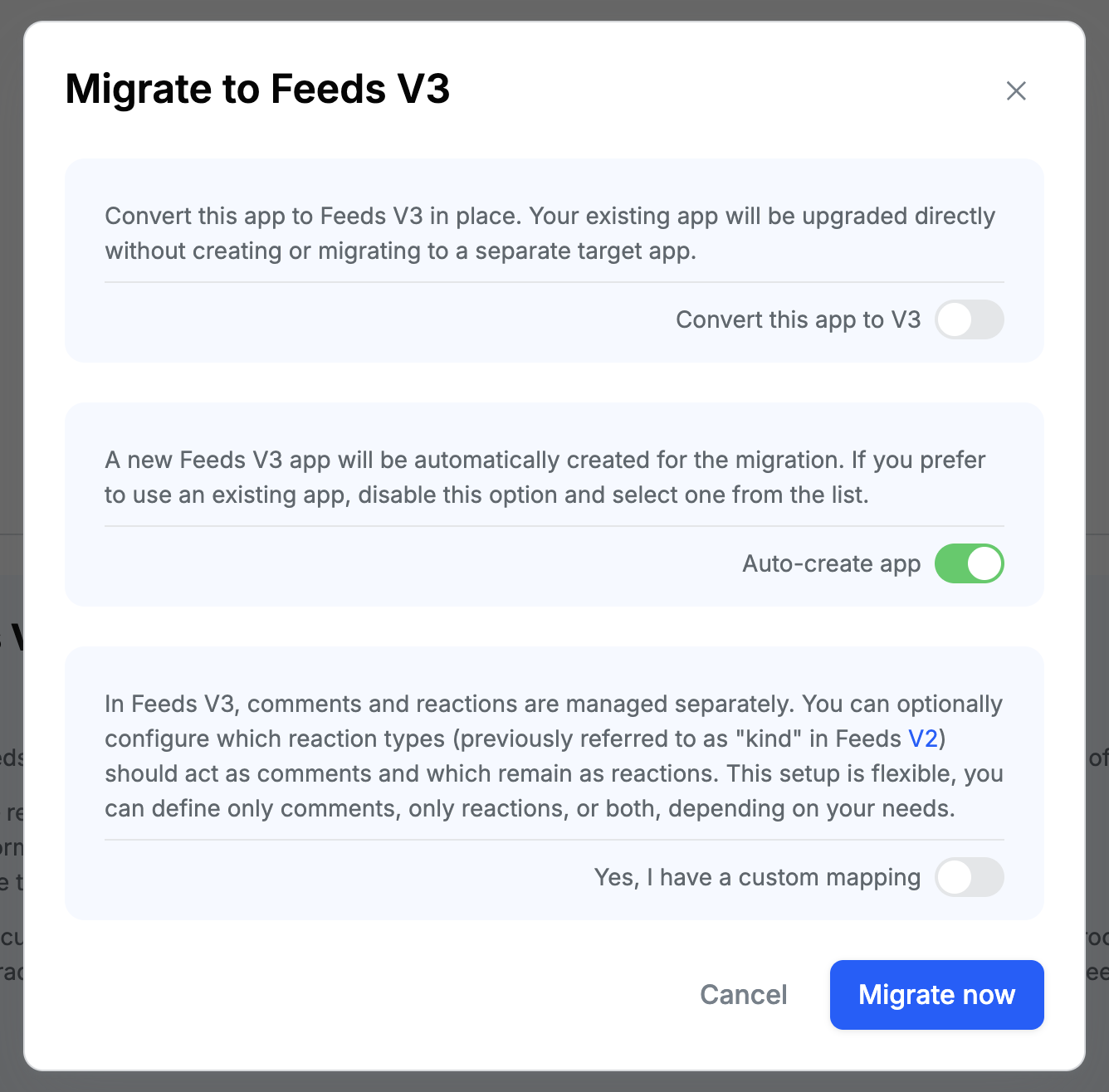 Migrate to Feeds V3 modal with the "Auto-create app" toggle enabled
