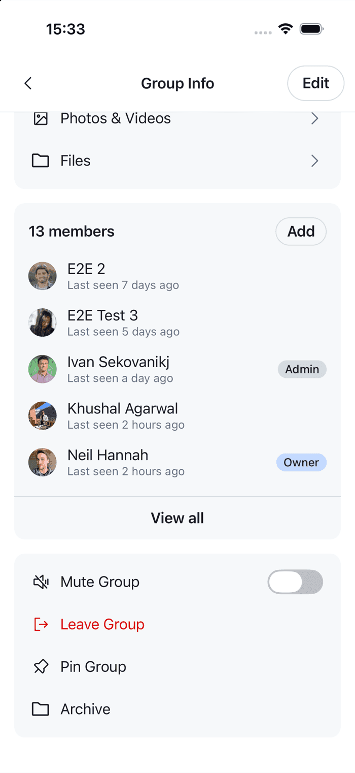 The channel details actions with Pin Group and Archive after Mute and Leave on iOS