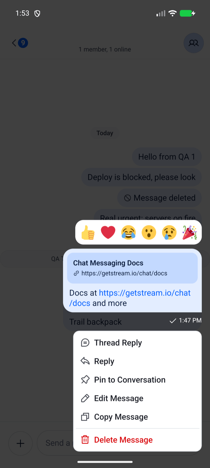 The message menu with a grid of six reactions and no plus button on Android