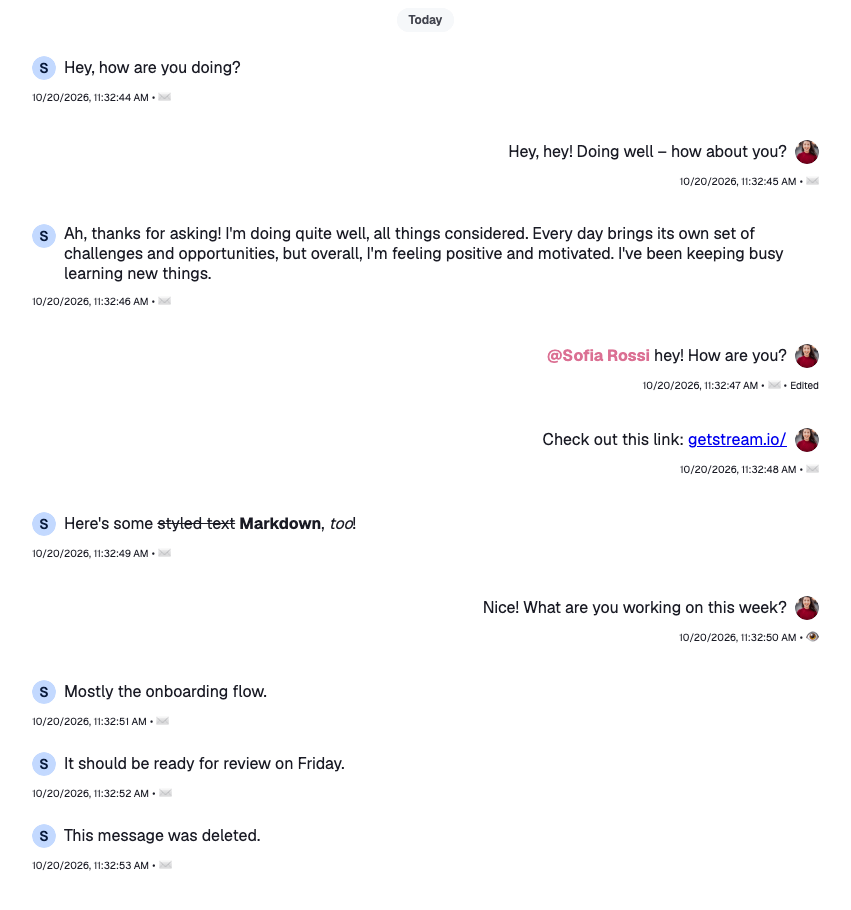 Messages with their time, delivery status and edited mark