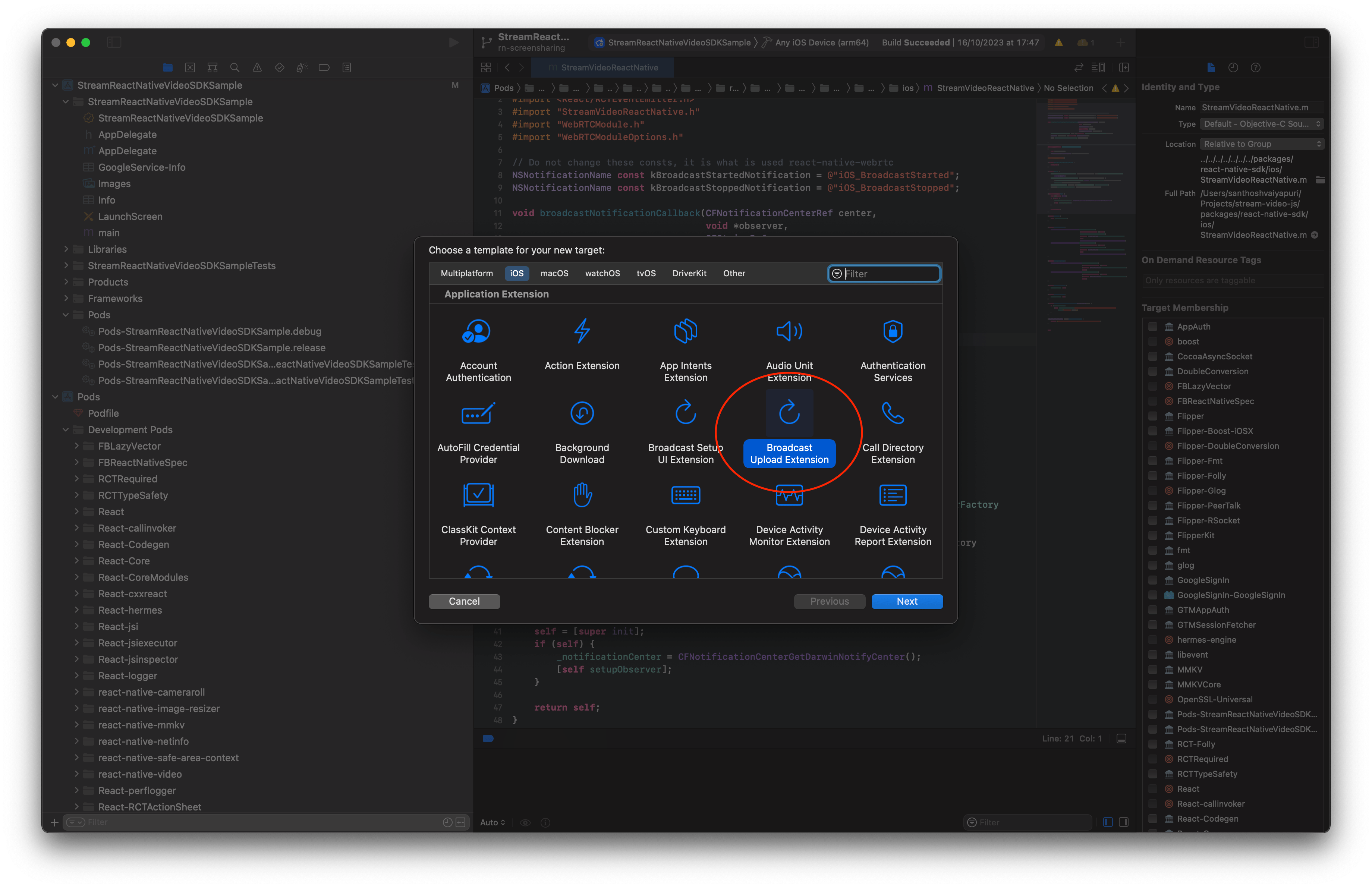 Preview of choosing broadcast upload extension target