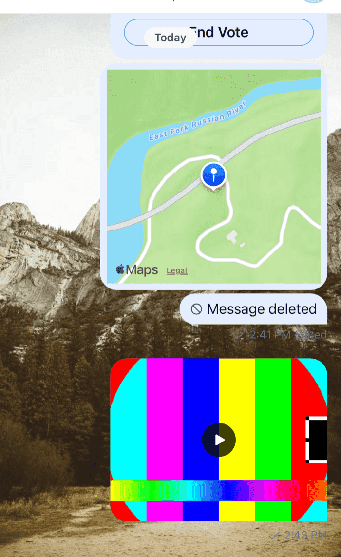 A message list drawn over a landscape photo, with the composer keeping its own background on iOS