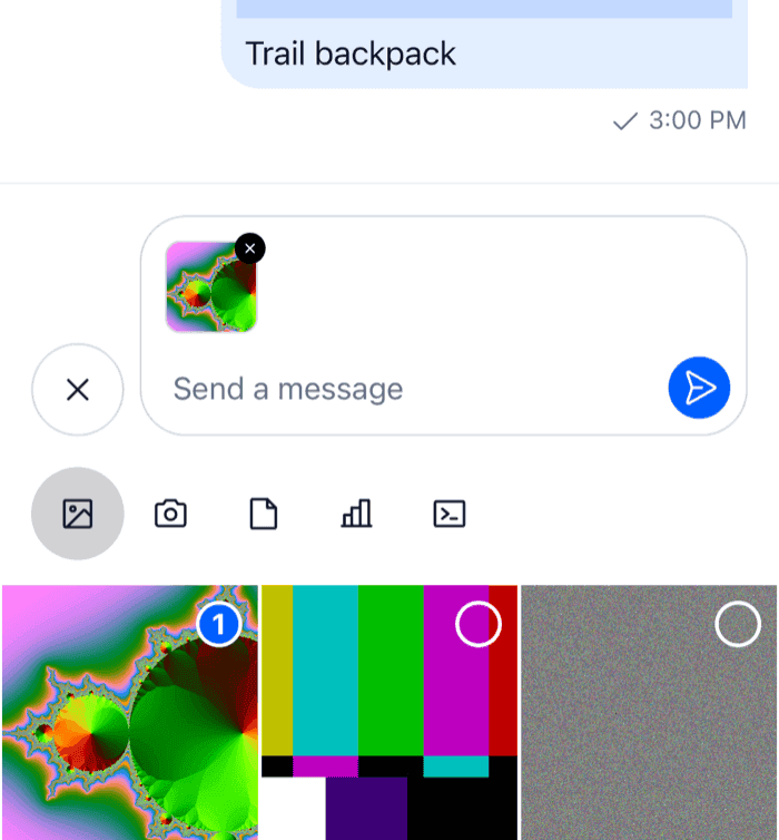 A composer with a small square thumbnail and a remove button above the attachment picker on iOS