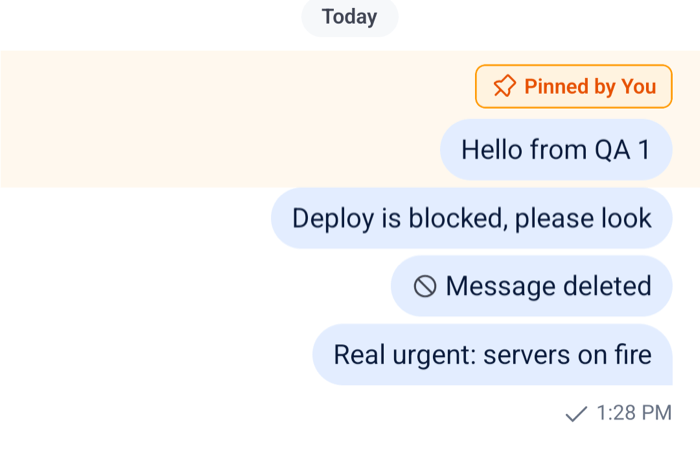 A pinned message with an orange chip reading Pinned by You and a tinted row on Android
