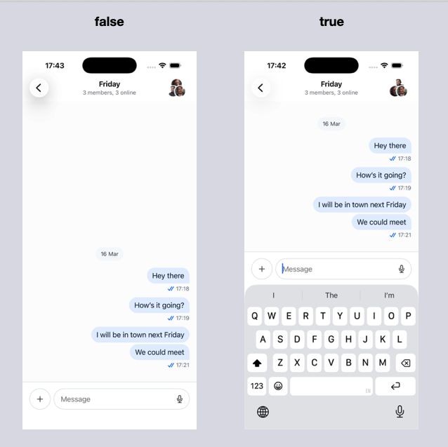 The state of entering the chat channel screen when either of the two options for becomesFirstResponderOnOpen are set.