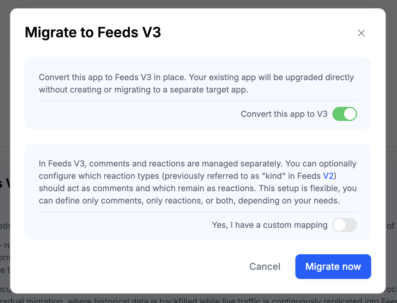 Migrate to Feeds V3 modal with the "Convert this app to V3" toggle enabled