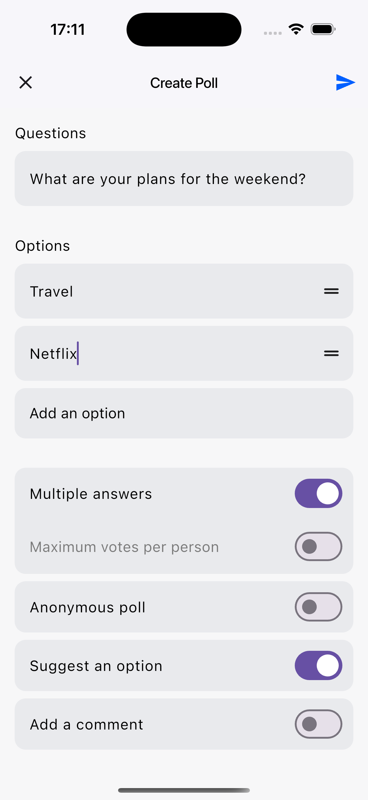 Screenshot showing create poll view