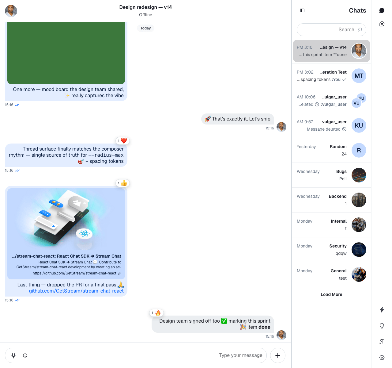 Stream Chat React UI Rendered in Right-to-Left Layout
