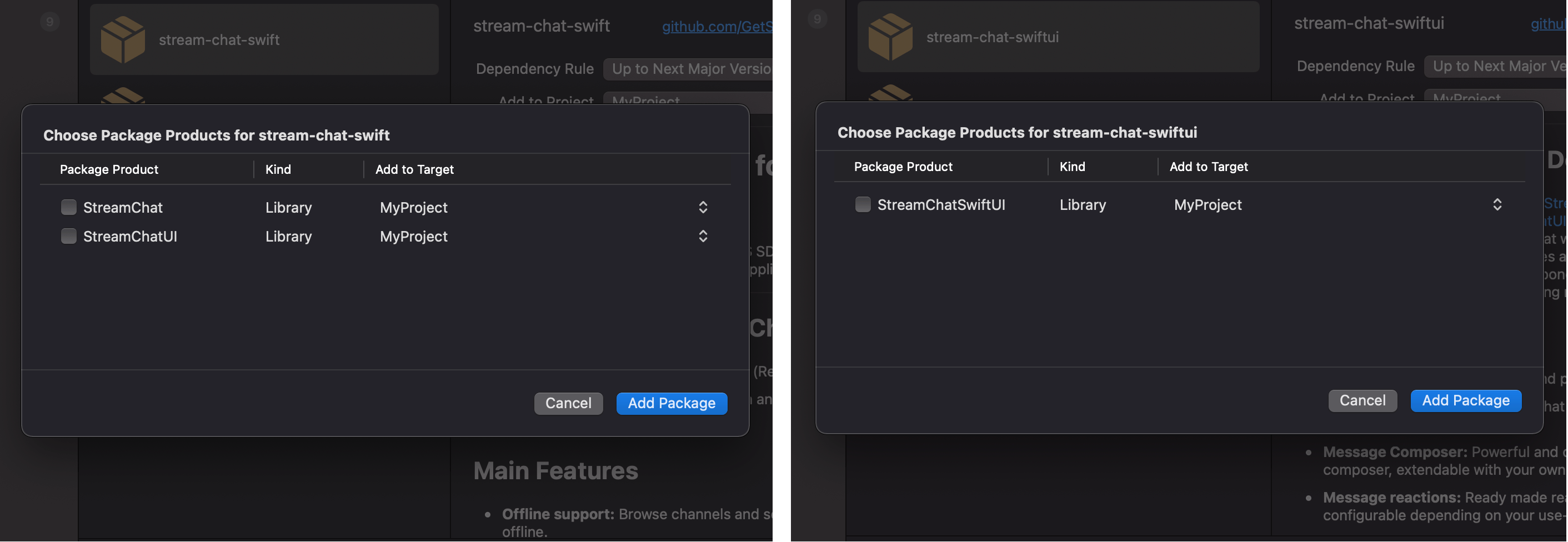 Screenshot shows an Xcode screen with dependency targets to be selected