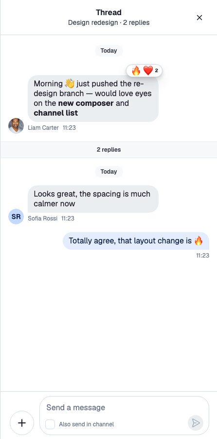 A thread panel: the header, the parent message, the reply count, a reply and the composer