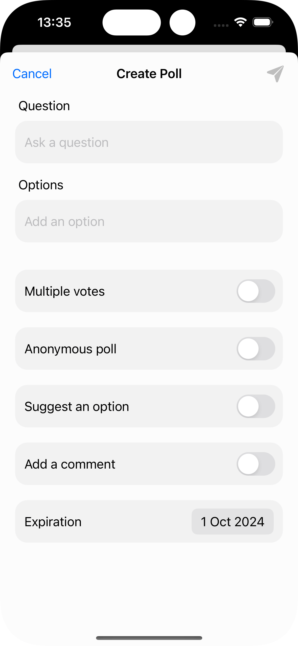 Screenshot showing custom poll creation view