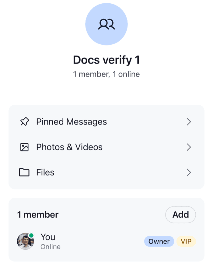 A member row with an Owner badge and a VIP badge on iOS
