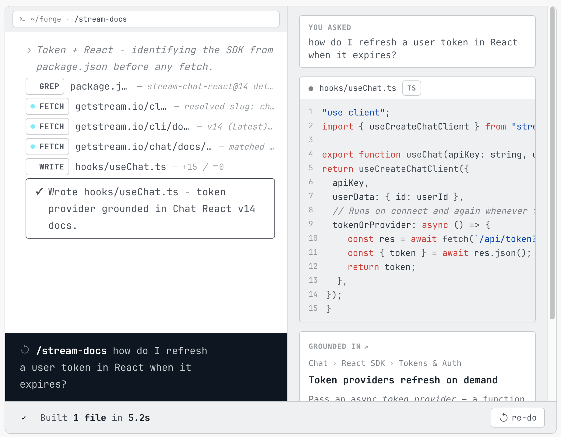 /stream-docs answering an SDK question with a citation