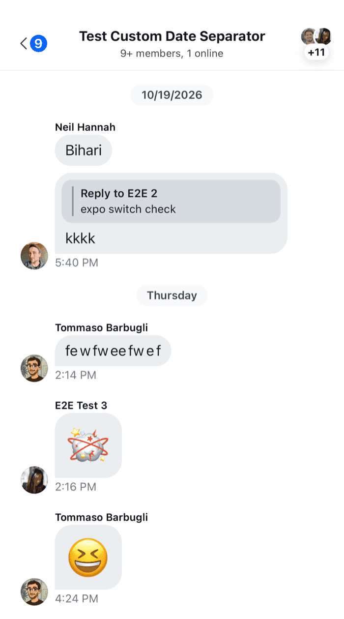 Messages rendered by the custom view, with the sender name above a group and the avatar beside its last message on iOS