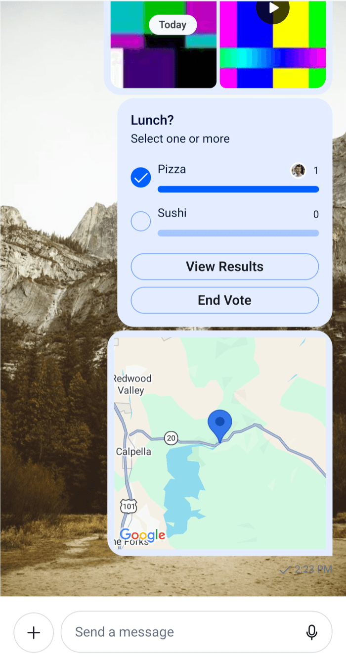 A message list drawn over a landscape photo, with the composer keeping its own background on Android