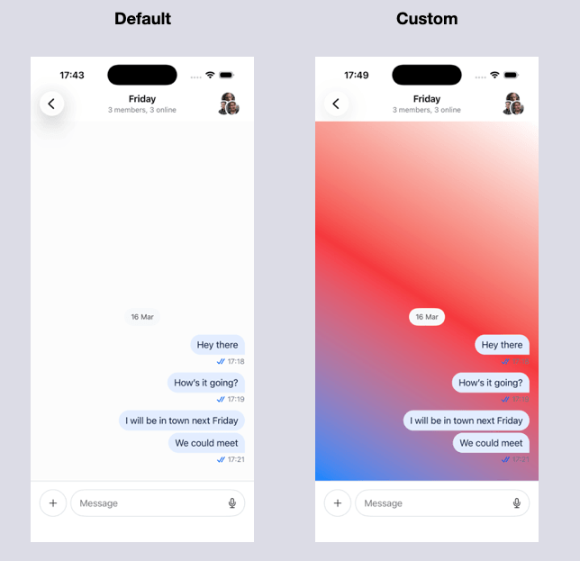 Comparison of the default Message List background compared to a custom implementation.