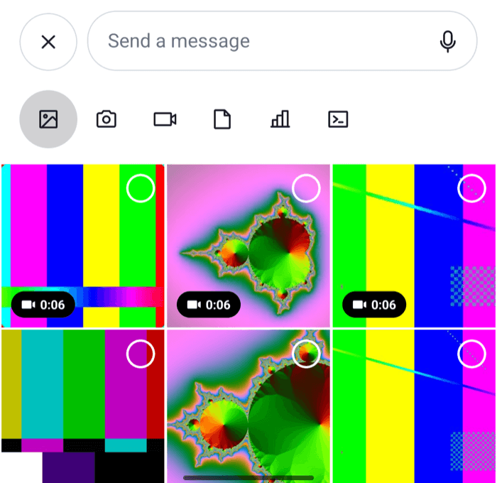The attachment picker under the composer with a grid of recent photos and a row of sources on Android