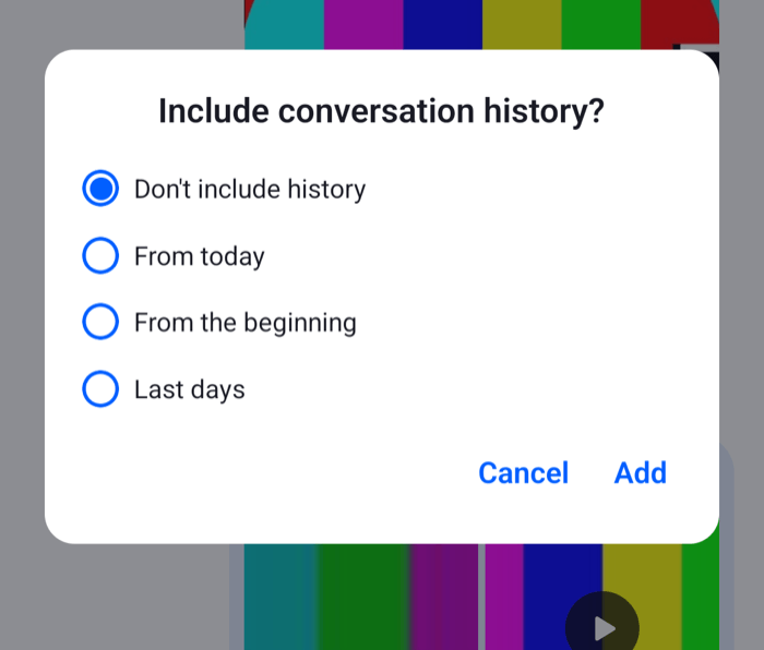 A modal asking Include conversation history with four choices on Android