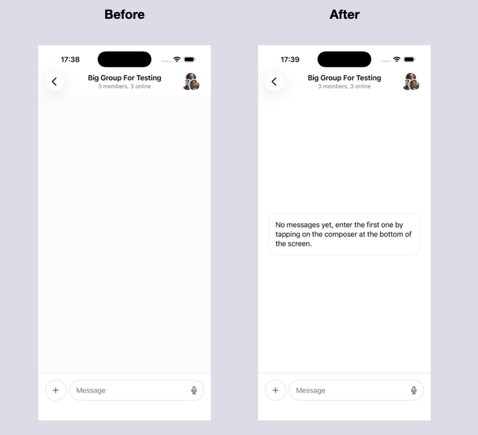 Comparison of the default look of the empty message list and the custom example shown in the code above.