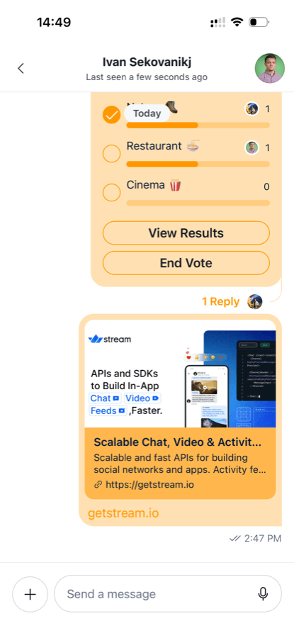 Custom theme in light mode, poll and link preview