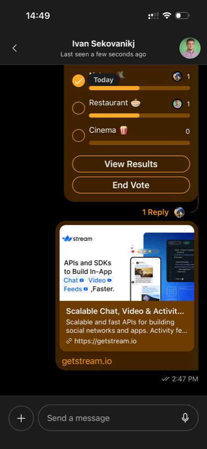 Custom theme in dark mode, poll and link preview