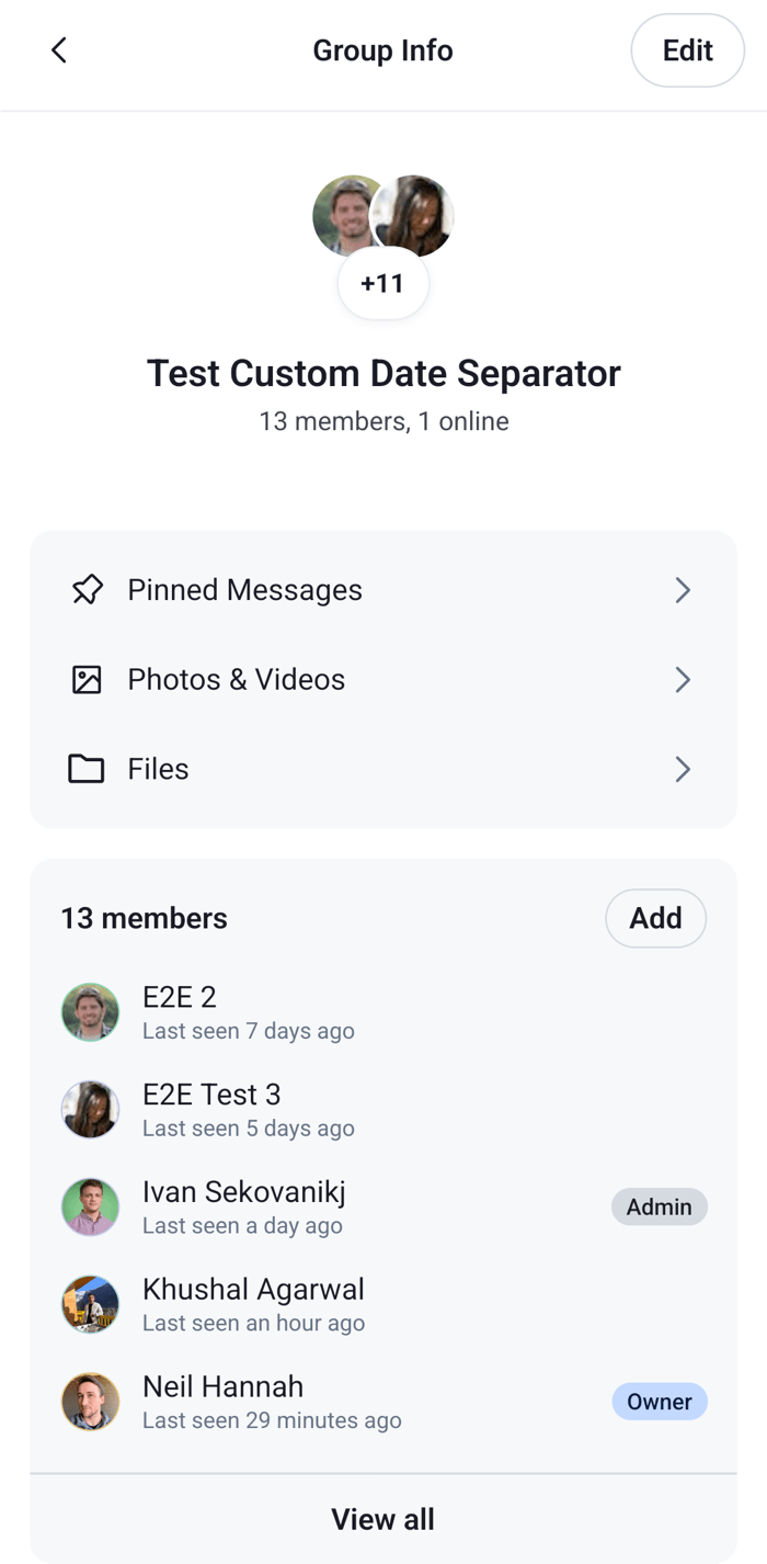 The Group Info screen with the channel profile, the three navigation rows and the members section on Android