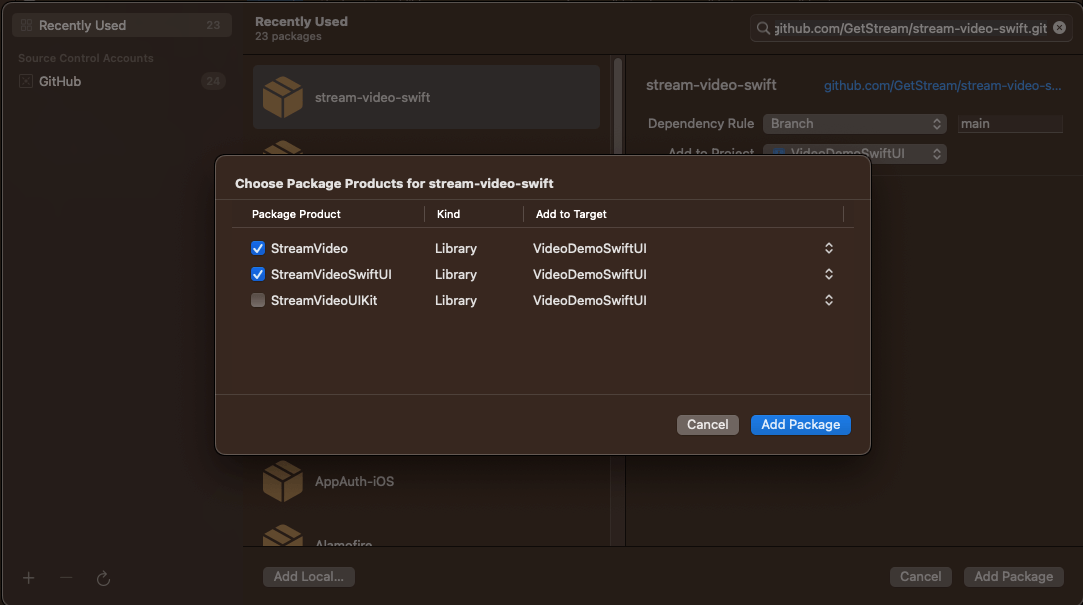 Screenshot shows selection of dependencies