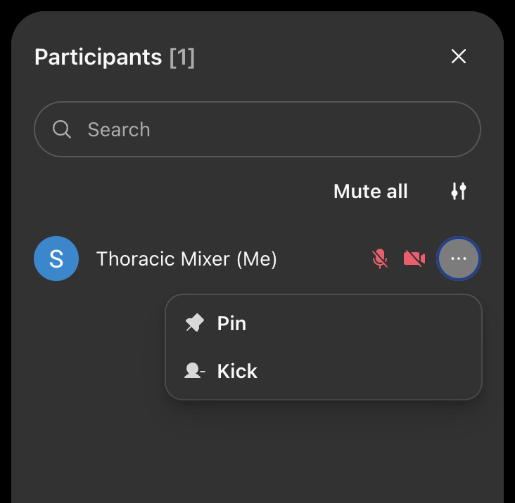 Default UI of call participant list with user actions menu
