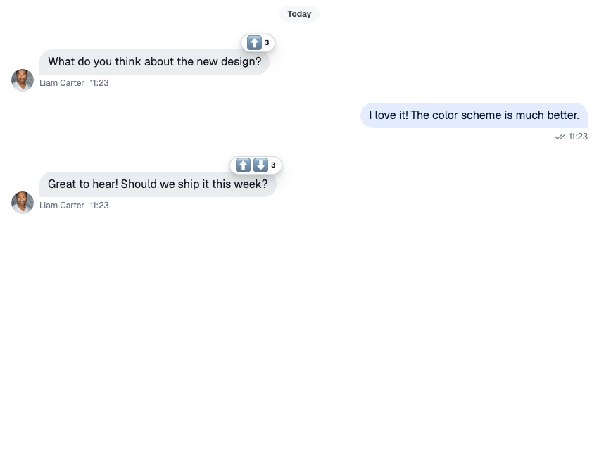 Messages with up-vote and down-vote reactions from a custom reaction set