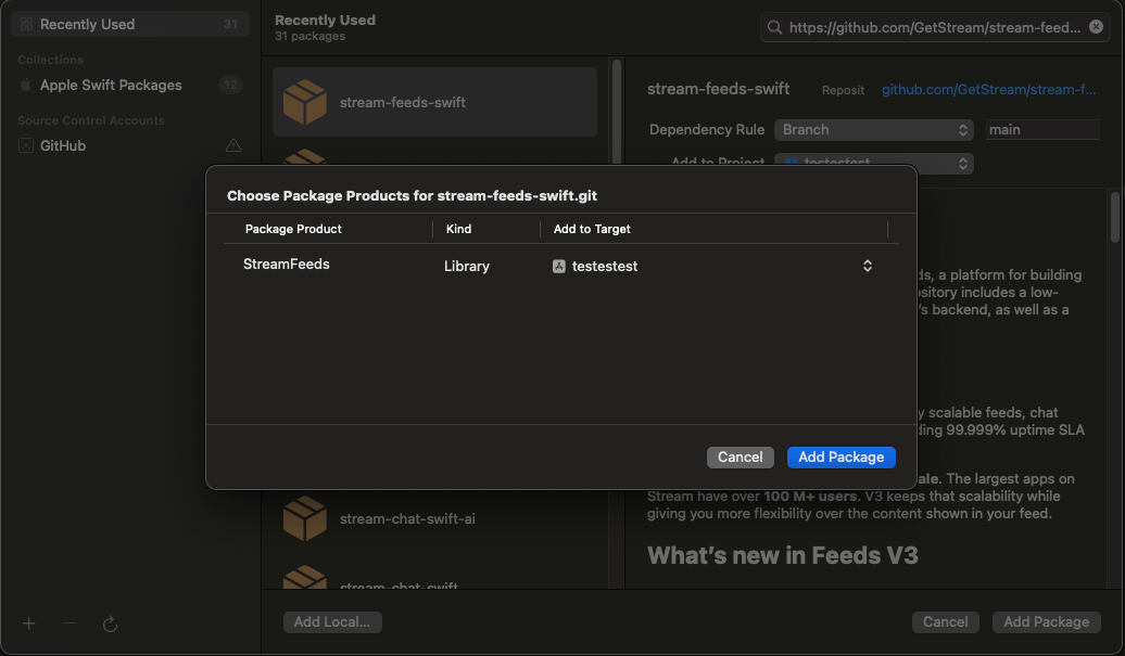 Screenshot shows selection of dependencies