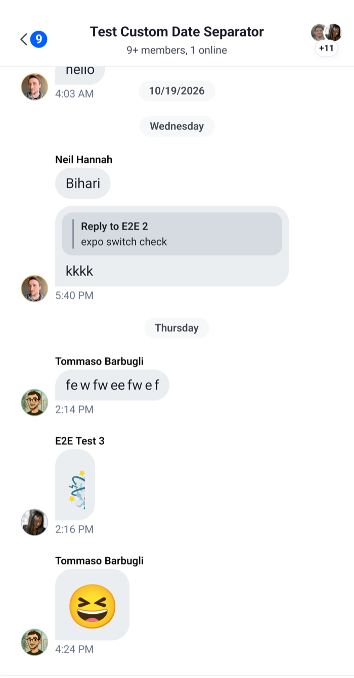 Messages rendered by the custom view, with the sender name above a group and the avatar beside its last message on Android