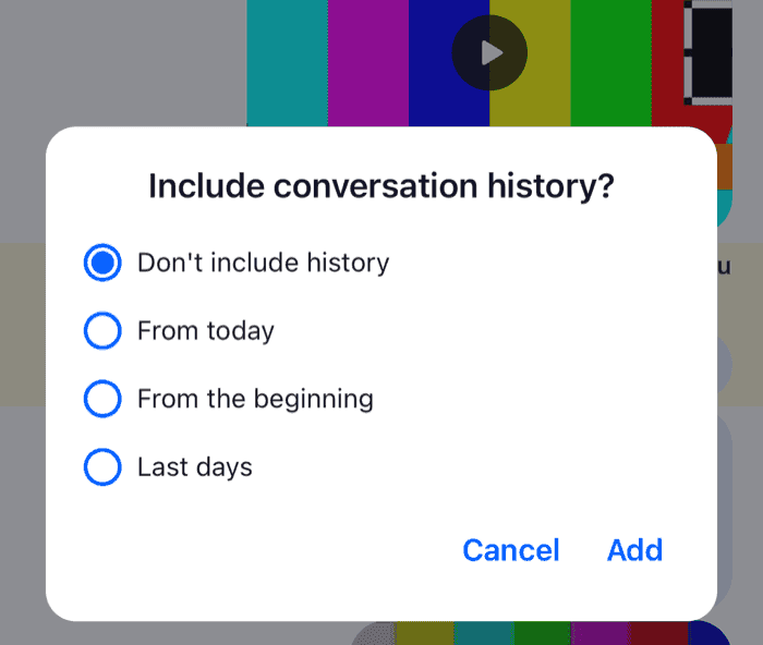A modal asking Include conversation history with four choices on iOS