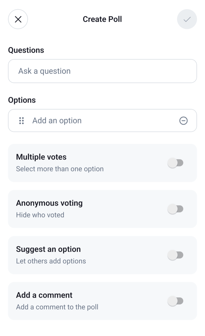 The Create Poll sheet with the question, the options and the poll settings on Android