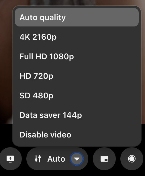 Video quality selector component in use