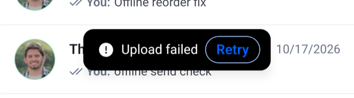 A black snackbar reading Upload failed with a Retry button on Android
