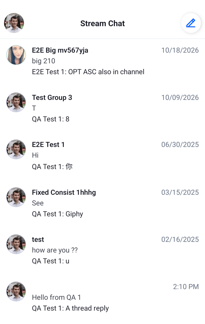 A list of threads with the channel name, the latest reply and its author on Android