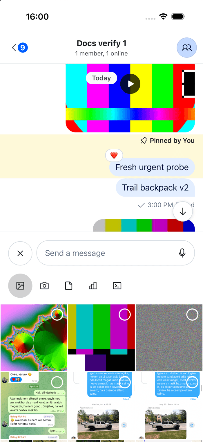 The attachment picker under the composer with a grid of recent photos and a row of sources on iOS