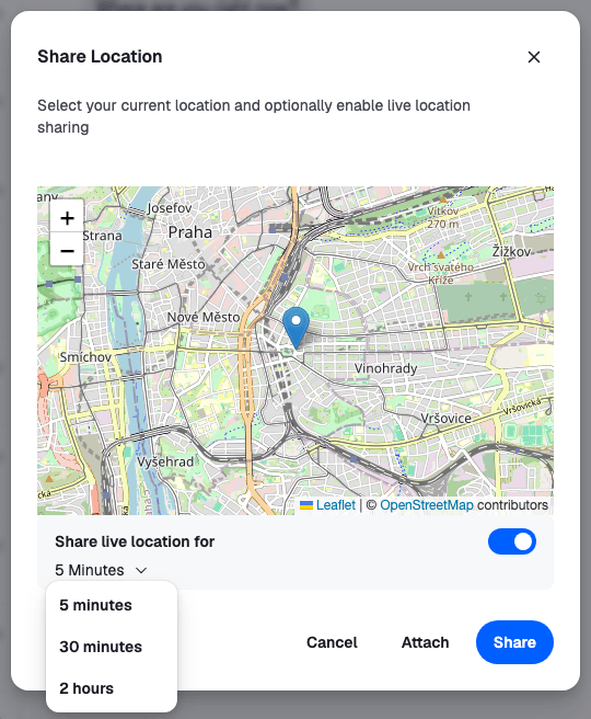 The Share Location dialog with a map and the live durations